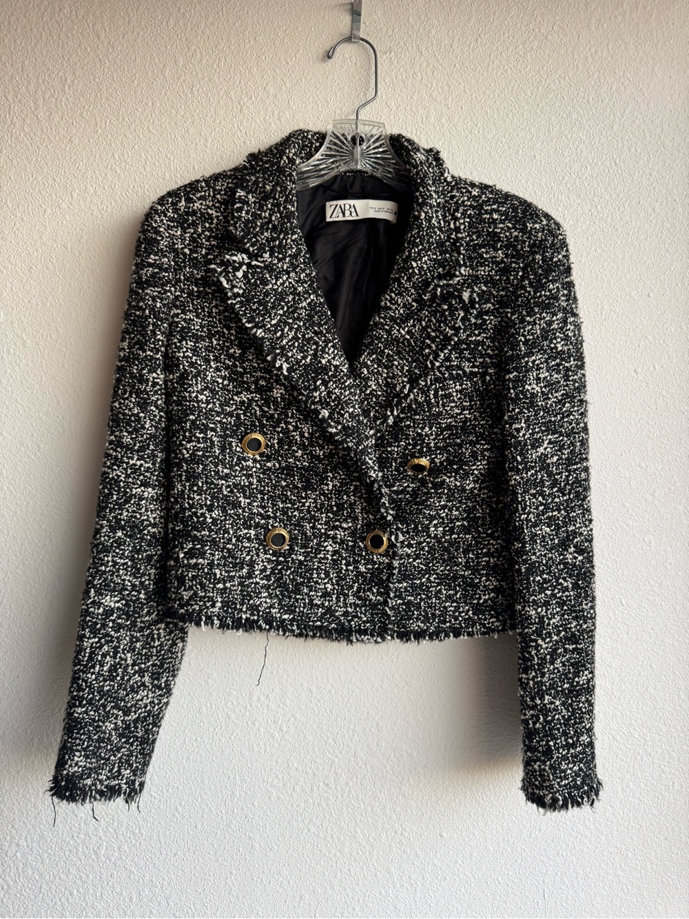 Zara Black & White Tweed Double-Breasted Cropped Jacket size S - Picture 2 of 7